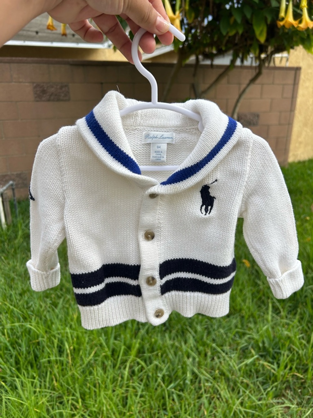 Ralph Lauren Cream Baby Shawl Cardigan with Navy Stripes flaws